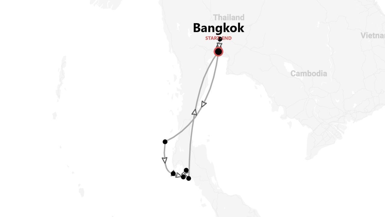 Mapa de Tailandia con itinerario de viaje que inicia y termina en Bangkok, recorriendo el sur de la península.