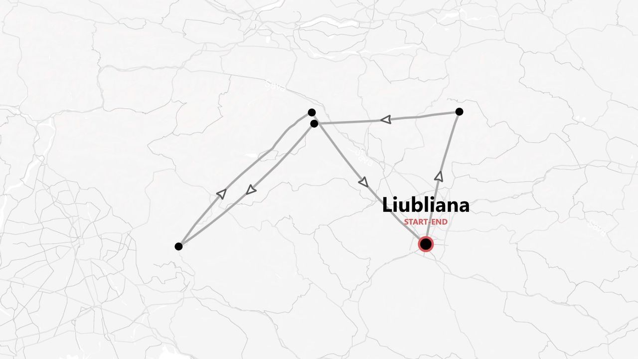 Un mapa que muestra una ruta de itinerario con paradas, comenzando y terminando en Liubliana.