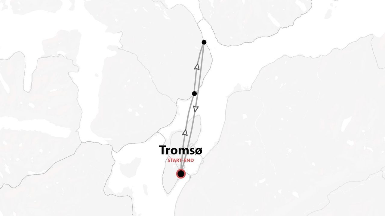 Un mapa minimalista que muestra un itinerario de viaje que comienza y termina en Tromsø, con la ruta indicada por una línea y flechas direccionales.