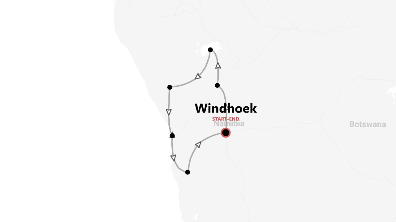 Un mapa minimalista que describe un itinerario de viaje por Namibia, con inicio y fin en la capital, Windhoek.