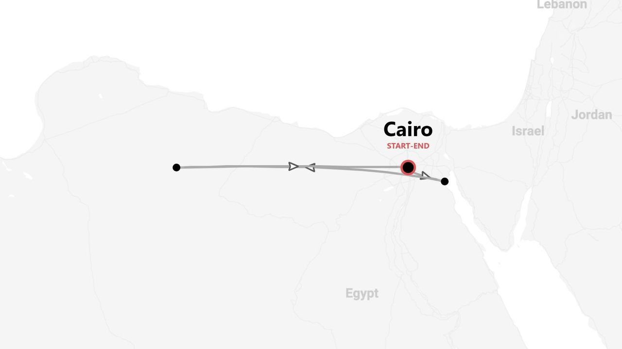 Un mapa de un itinerario de viaje en Egipto, mostrando una ruta que comienza y termina en El Cairo y se extiende hacia el desierto.