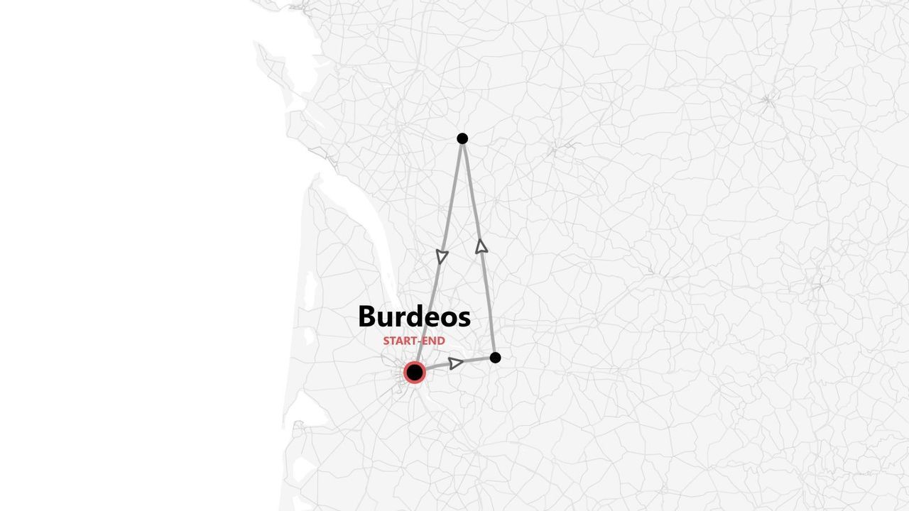 Un mapa estilizado que muestra un itinerario de viaje triangular que comienza y termina en la ciudad de Burdeos.