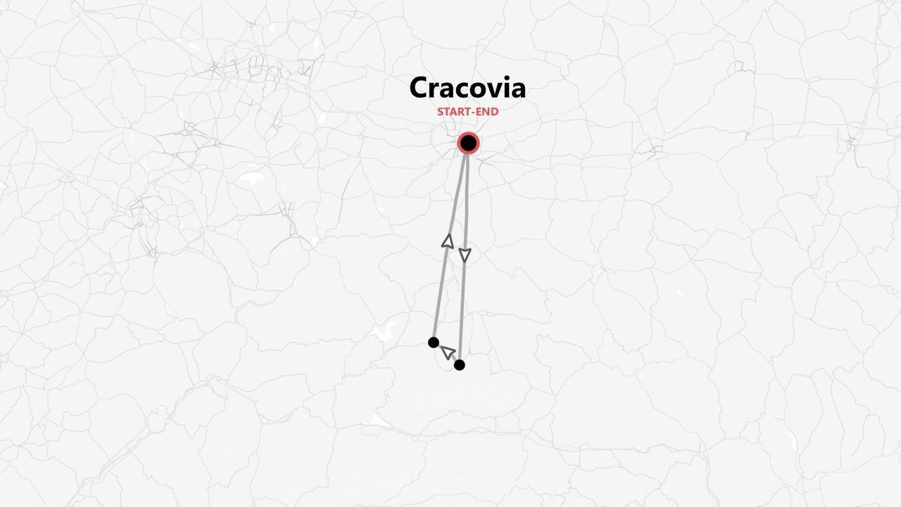 Mapa de ruta de viaje con inicio y fin en Cracovia.