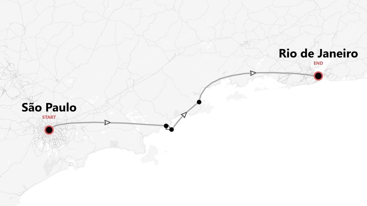 Un mapa estilizado que muestra una ruta de viaje que comienza en São Paulo y termina en Río de Janeiro, con paradas intermedias.