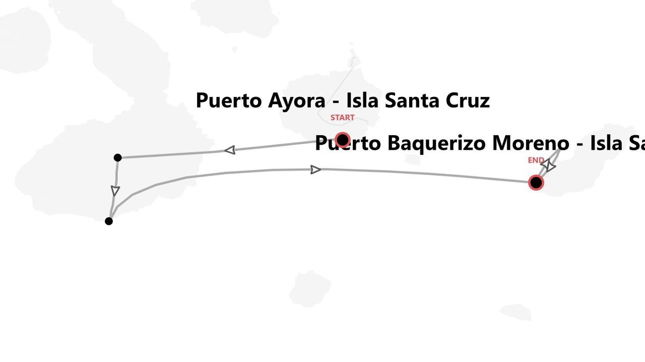 Un mapa que muestra una ruta de viaje desde Puerto Ayora, Isla Santa Cruz, hasta Puerto Baquerizo Moreno.