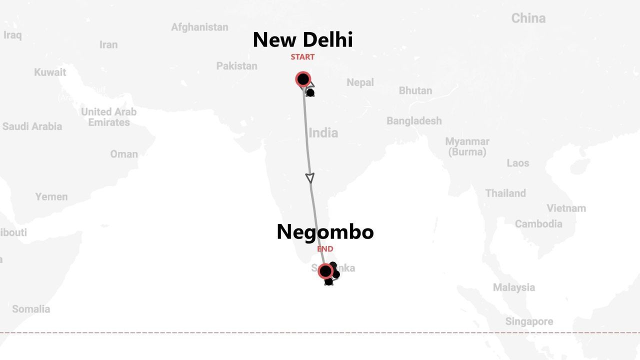 Un mapa que muestra la ruta de viaje desde el punto de inicio en Nueva Delhi, India, hasta el punto final en Negombo, Sri Lanka.