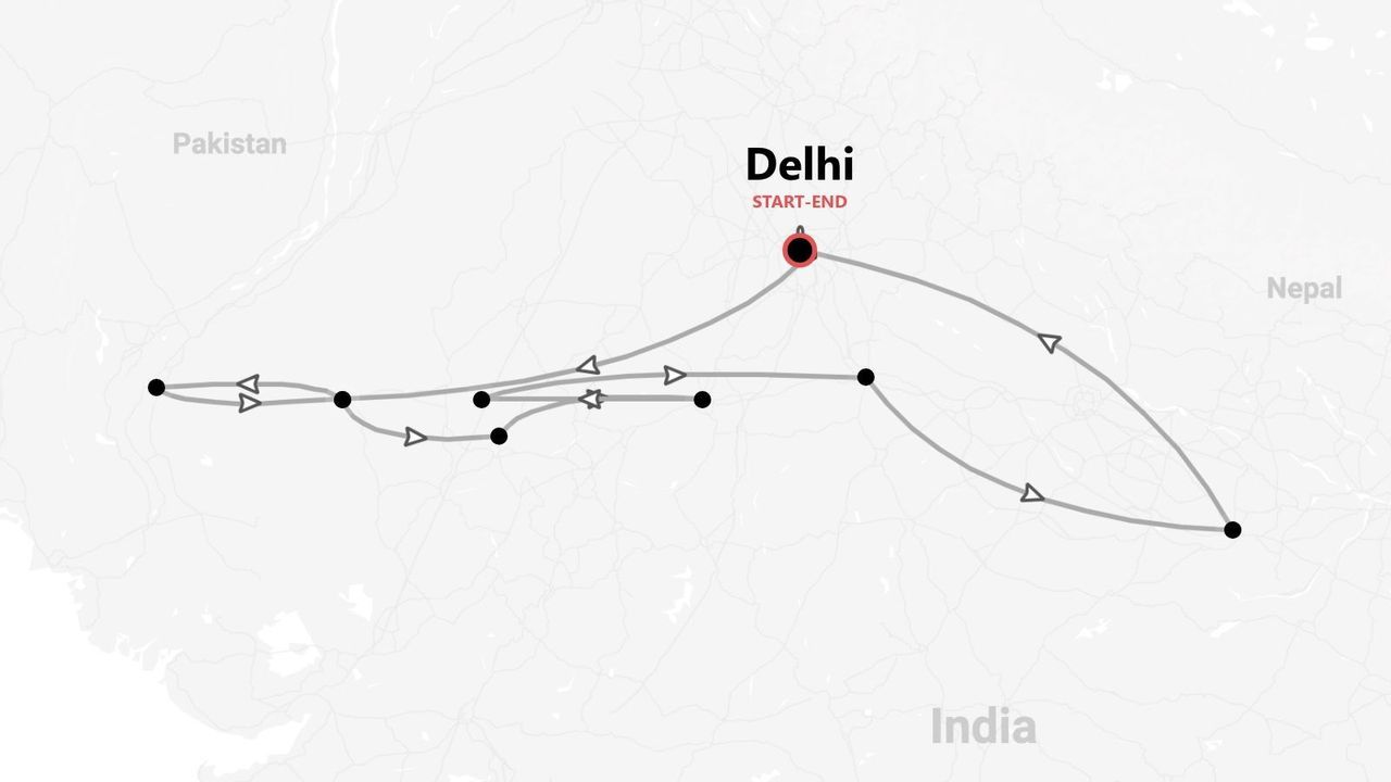 Un mapa de un itinerario de viaje en India, con una ruta que comienza y termina en Delhi y recorre el país cerca de Pakistán y Nepal.