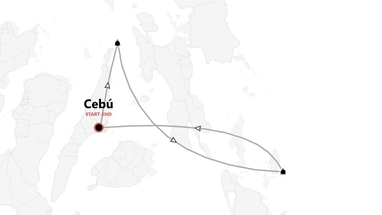 Mapa de itinerario de viaje con inicio y fin en Cebú, recorriendo islas cercanas.