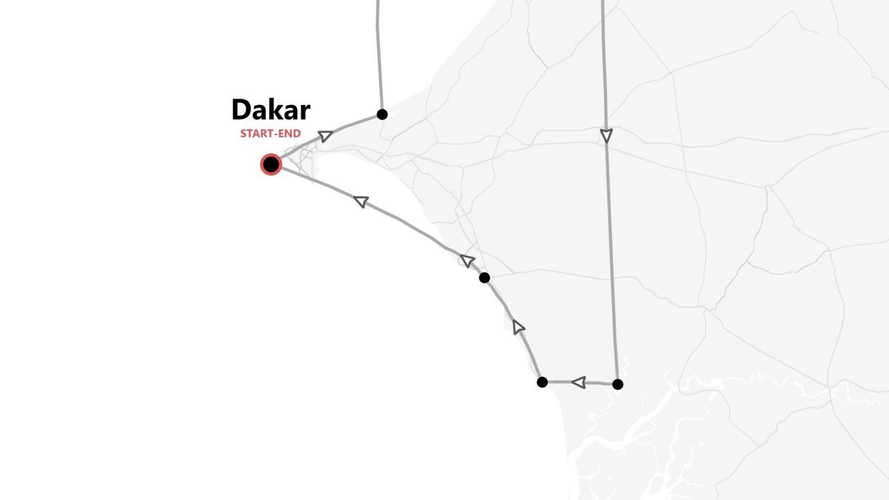 Un mapa esquemático que muestra un itinerario de viaje que comienza y termina en la ciudad de Dakar, indicado por un marcador rojo.