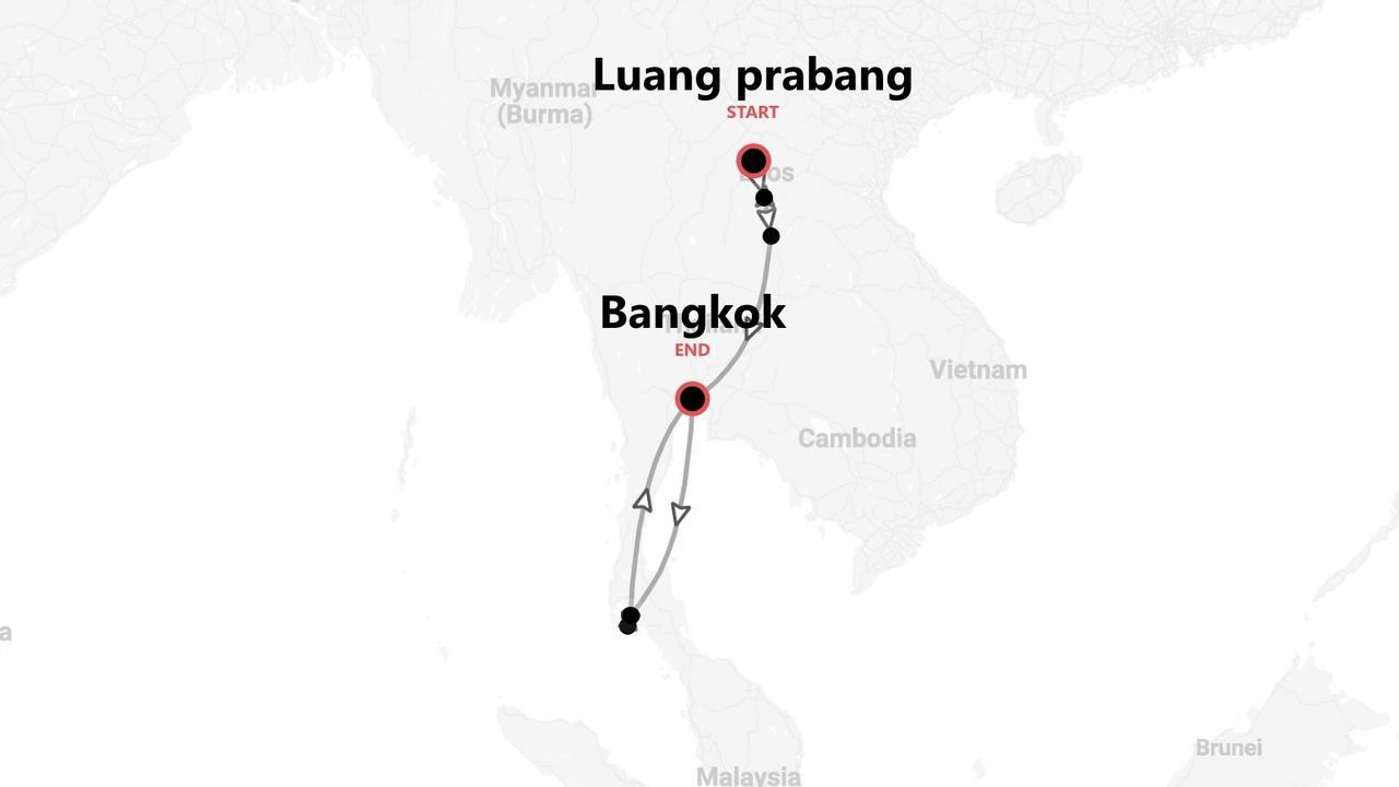 Un mapa que muestra un itinerario de viaje desde Luang Prabang hasta Bangkok.