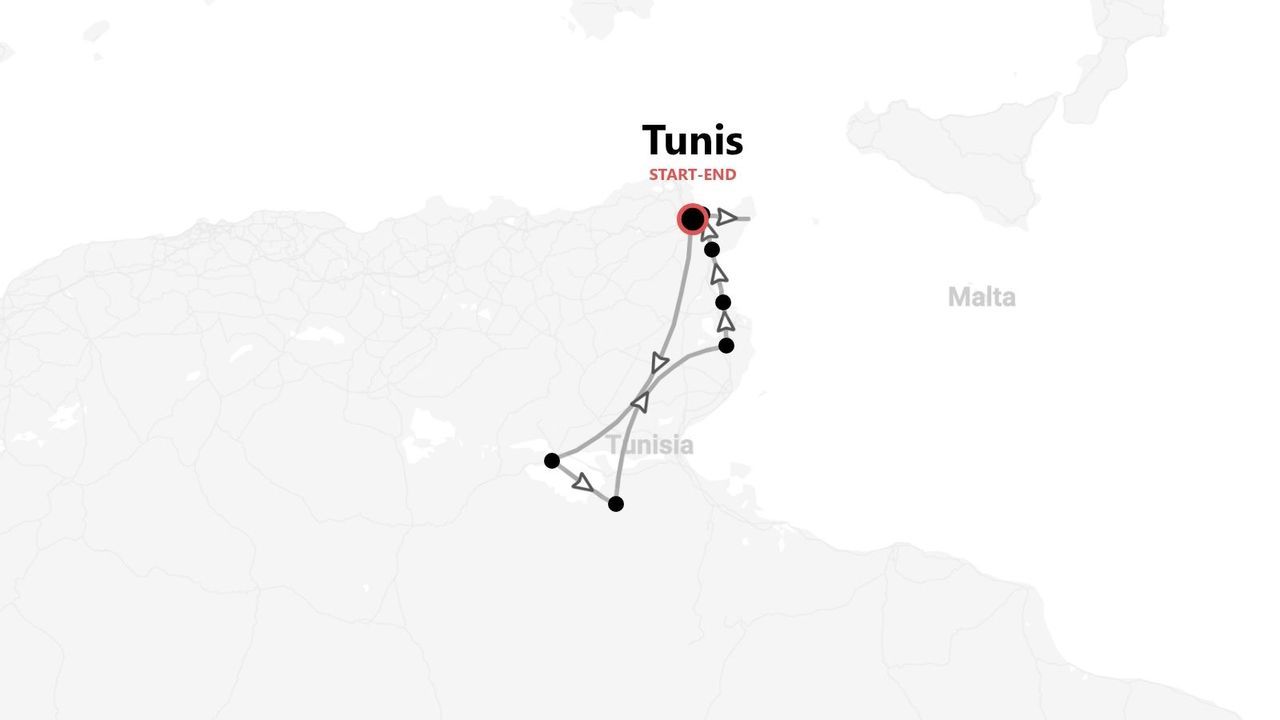Un mapa de un itinerario de viaje por Túnez, que muestra la ruta con puntos de inicio y fin en la ciudad de Túnez.