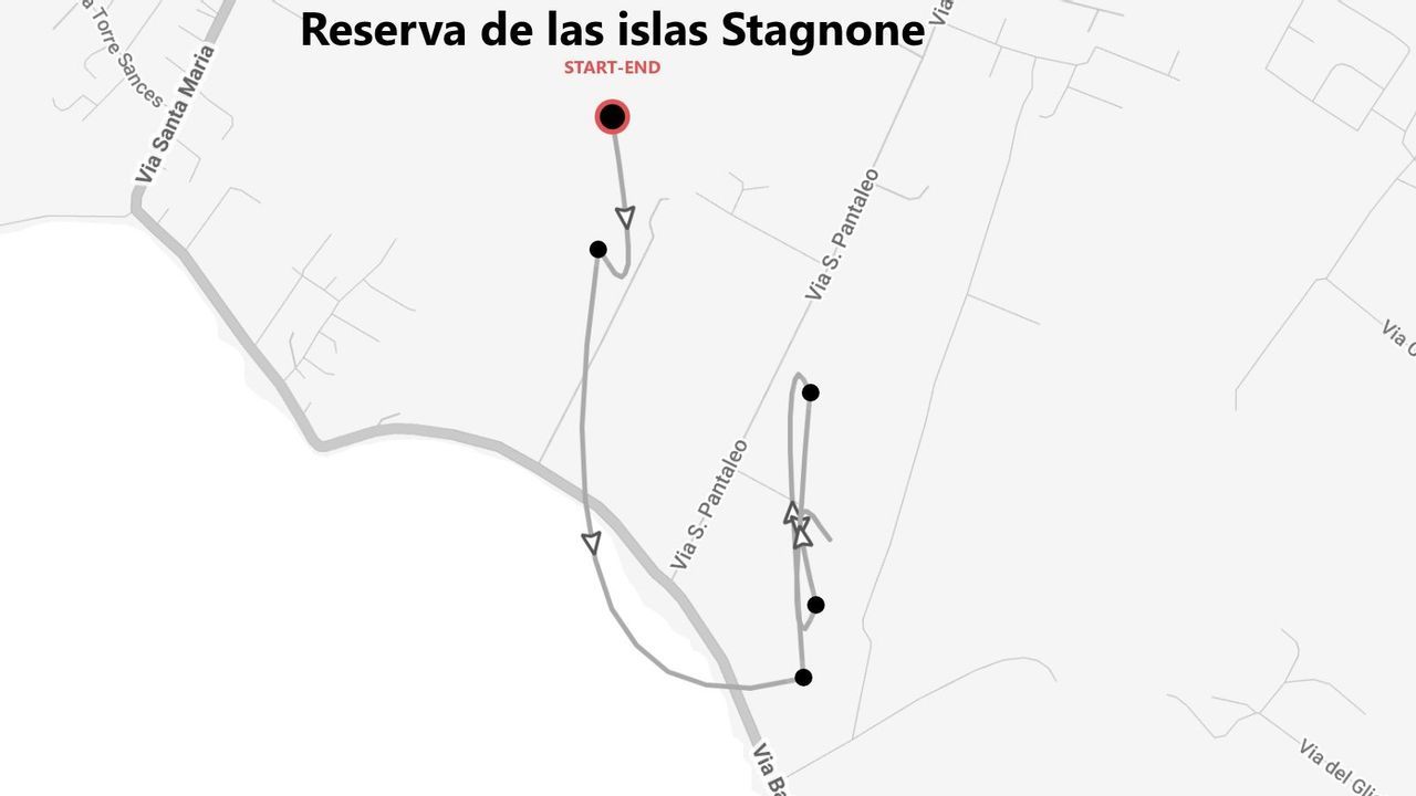 Un mapa con una ruta de viaje por la 'Reserva de las Islas Stagnone', con el punto de inicio y fin marcado en rojo.