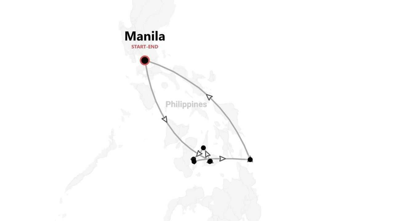Un mapa de Filipinas que muestra una ruta de viaje con inicio y fin en Manila.