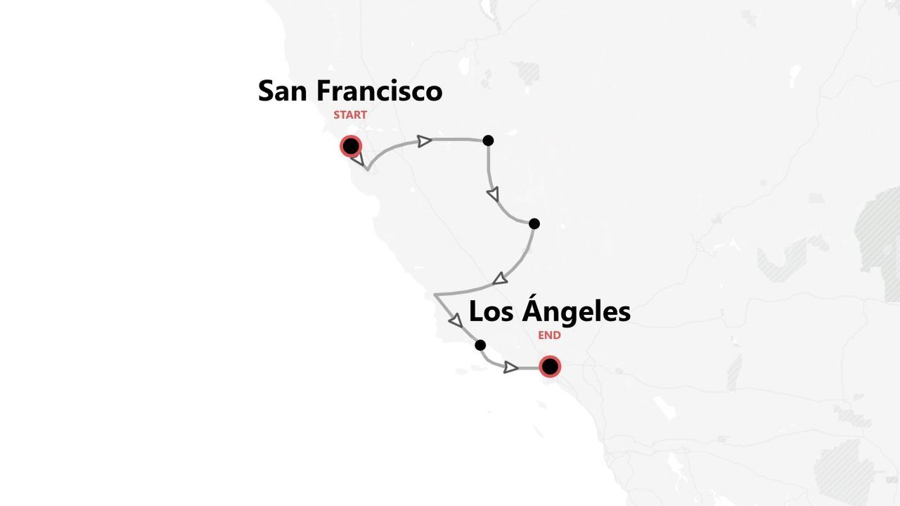 Mapa de ruta de viaje por California, de San Francisco a Los Ángeles.