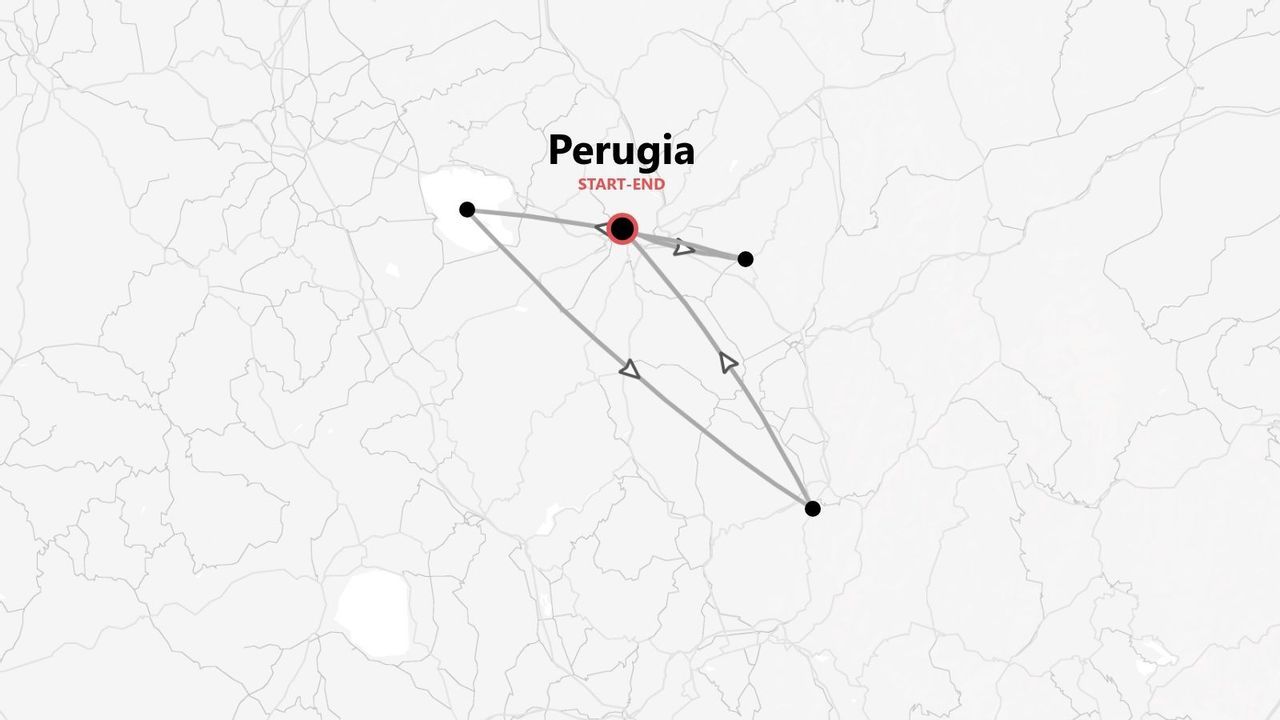 Un mapa minimalista que muestra una ruta de viaje con inicio y fin en Perugia y tres paradas adicionales.