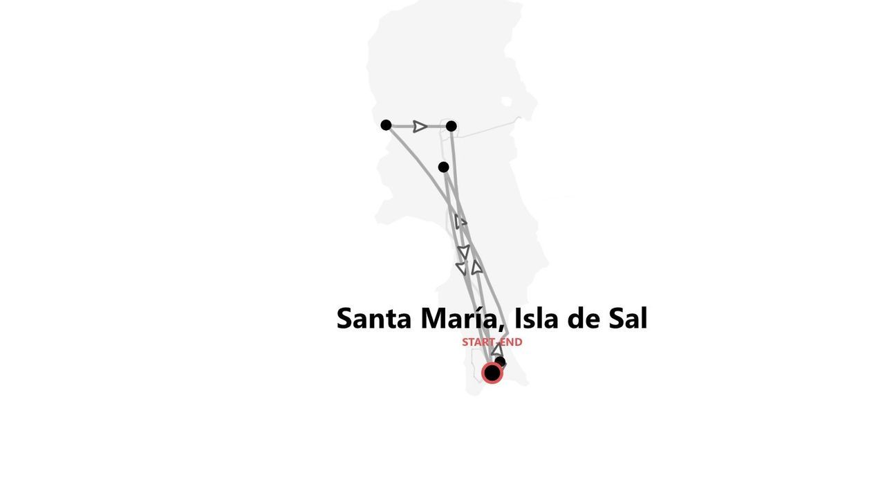 Un mapa minimalista que muestra el itinerario de viaje en Isla de Sal, con inicio y fin en Santa María.