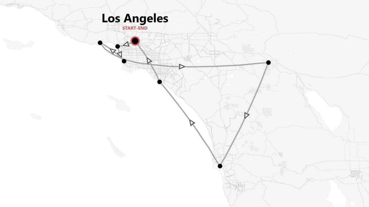Un mapa que muestra un itinerario de viaje con múltiples paradas, comenzando y terminando en Los Ángeles.