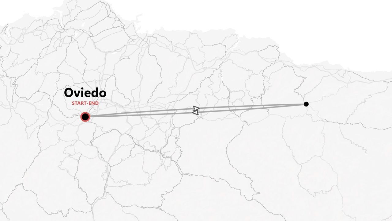 Mapa simplificado que muestra una ruta de viaje de ida y vuelta con inicio y fin en Oviedo.
