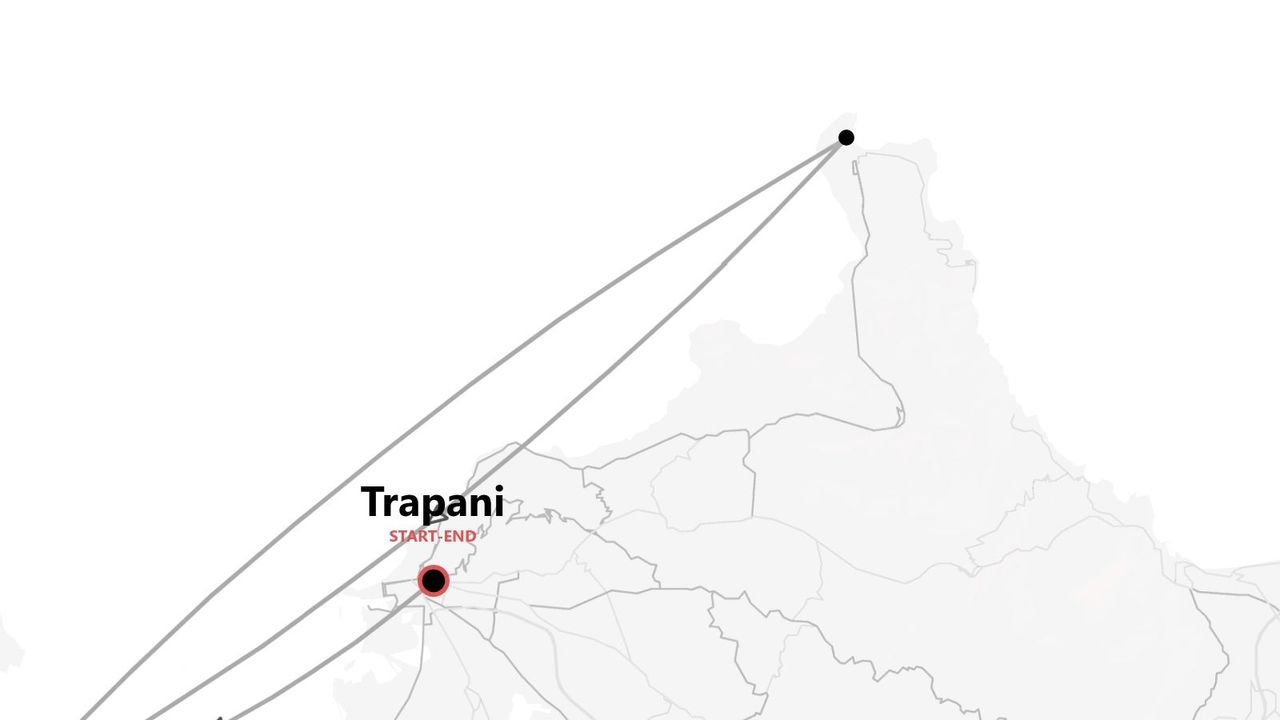 Un mapa estilizado que muestra un itinerario de viaje que comienza y termina en Trapani, con líneas que conectan a otros puntos de la región.