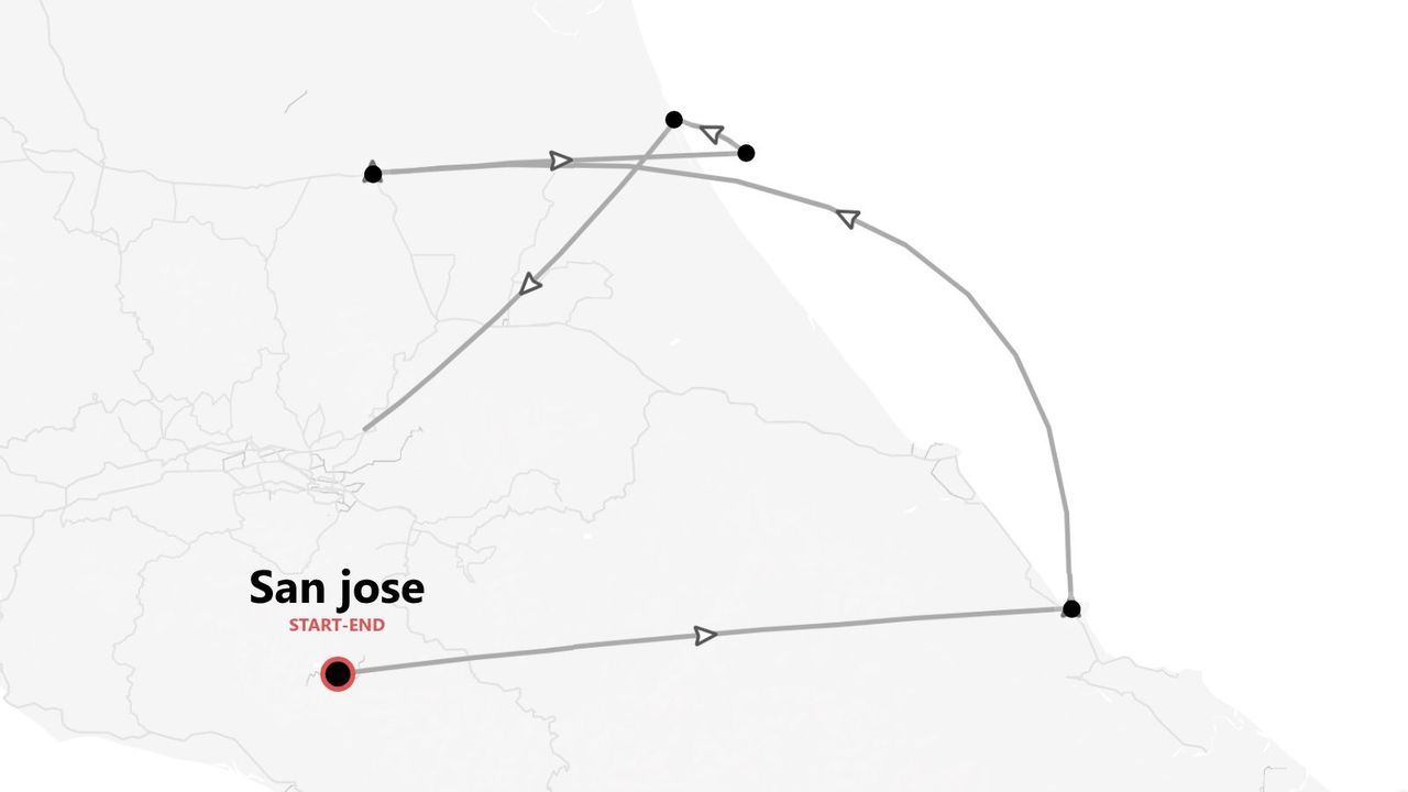 Un mapa en escala de grises que muestra una ruta de itinerario de viaje con inicio y fin en San José, y varias paradas indicadas a lo largo del camino.