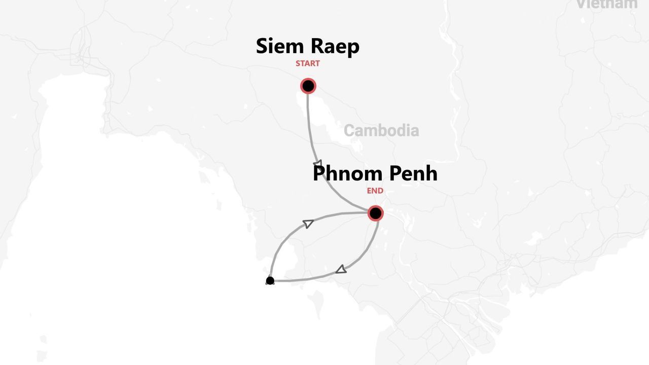 Un mapa que muestra un itinerario de viaje por Camboya, comenzando en Siem Reap y terminando en Phnom Penh.