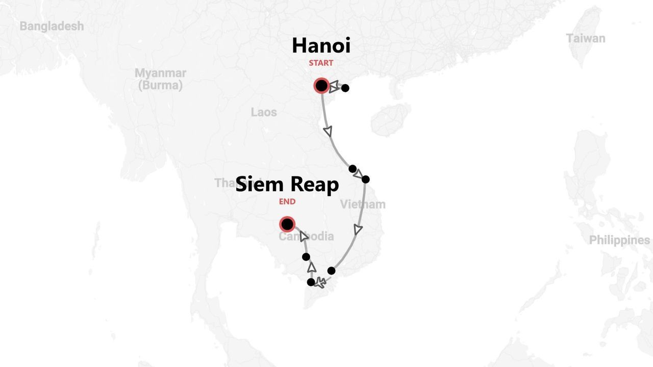 Un mapa que muestra un itinerario de viaje por Vietnam y Camboya, comenzando en Hanói y terminando en Siem Reap.