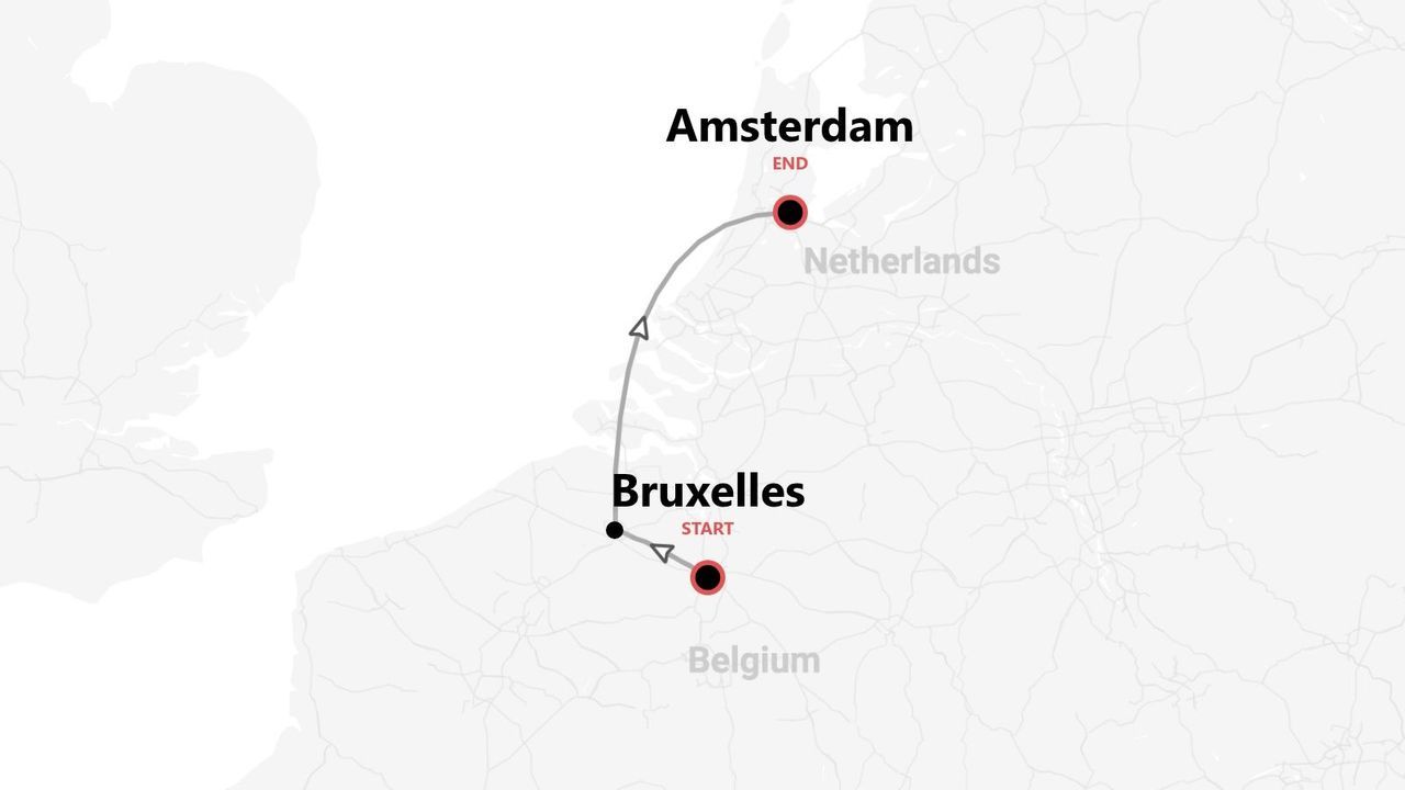 Mapa del itinerario de viaje de Bruselas, Bélgica a Ámsterdam, Países Bajos.