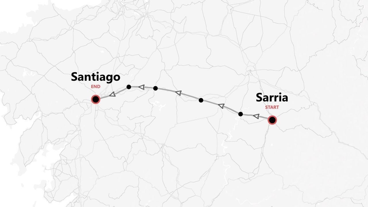 Mapa de la ruta de Sarria a Santiago con fondo topográfico gris claro.