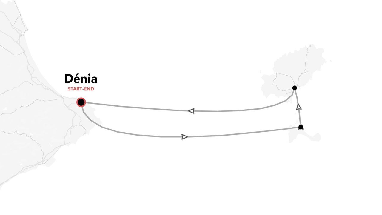 Mapa minimalista mostrando un itinerario de viaje que empieza y termina en Dénia, con una ruta que rodea dos islas cercanas.