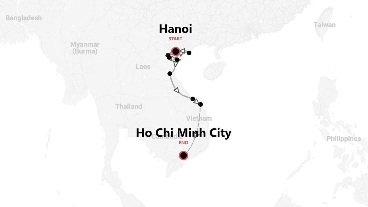 Mapa de itinerario de viaje por Vietnam, de Hanói a Ciudad Ho Chi Minh.