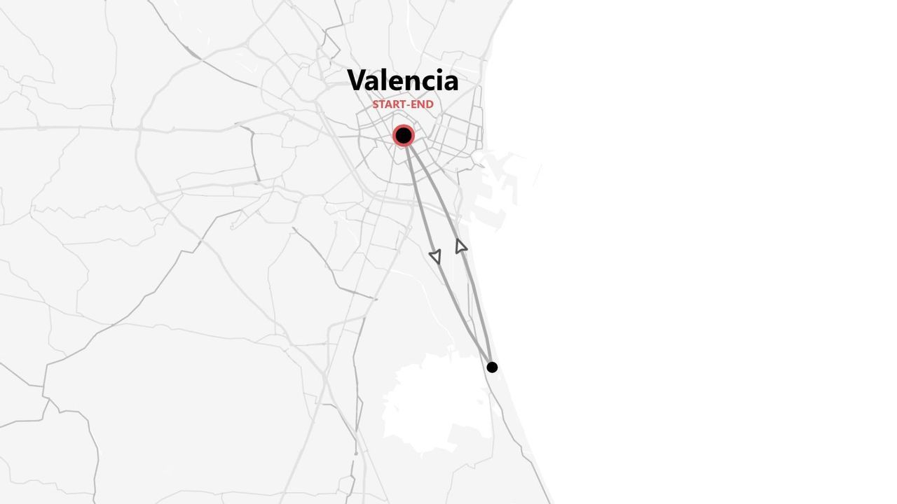 Un mapa minimalista que muestra un itinerario de viaje que comienza y termina en la ciudad de Valencia.