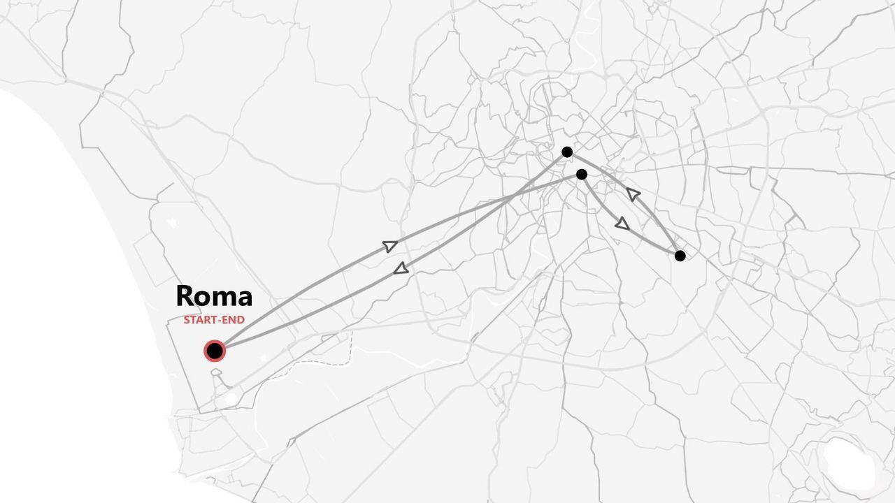 Mapa en escala de grises de una ruta de viaje circular en Roma, Italia.