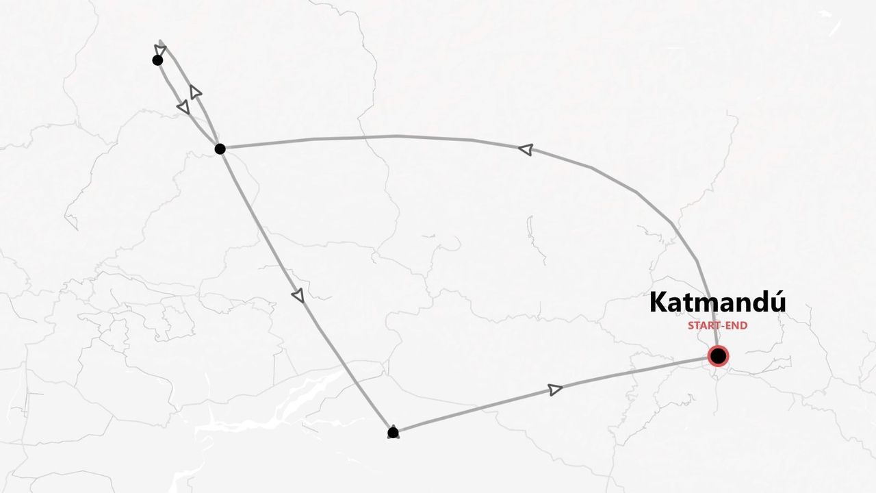 Mapa de un itinerario de viaje con varias paradas, que empieza y termina en Katmandú.