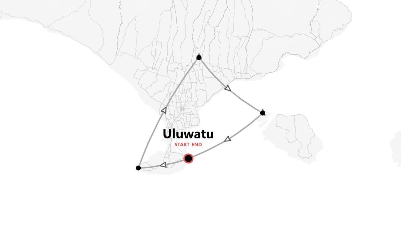 Un mapa minimalista que muestra una ruta de viaje que comienza y termina en Uluwatu, indicado por un punto rojo "INICIO-FIN".