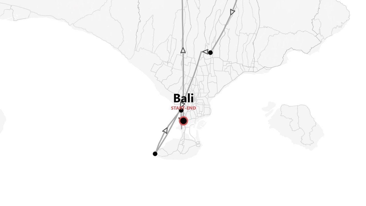 Un mapa simplificado que muestra una ruta de viaje por Bali, con los puntos de inicio y fin resaltados.