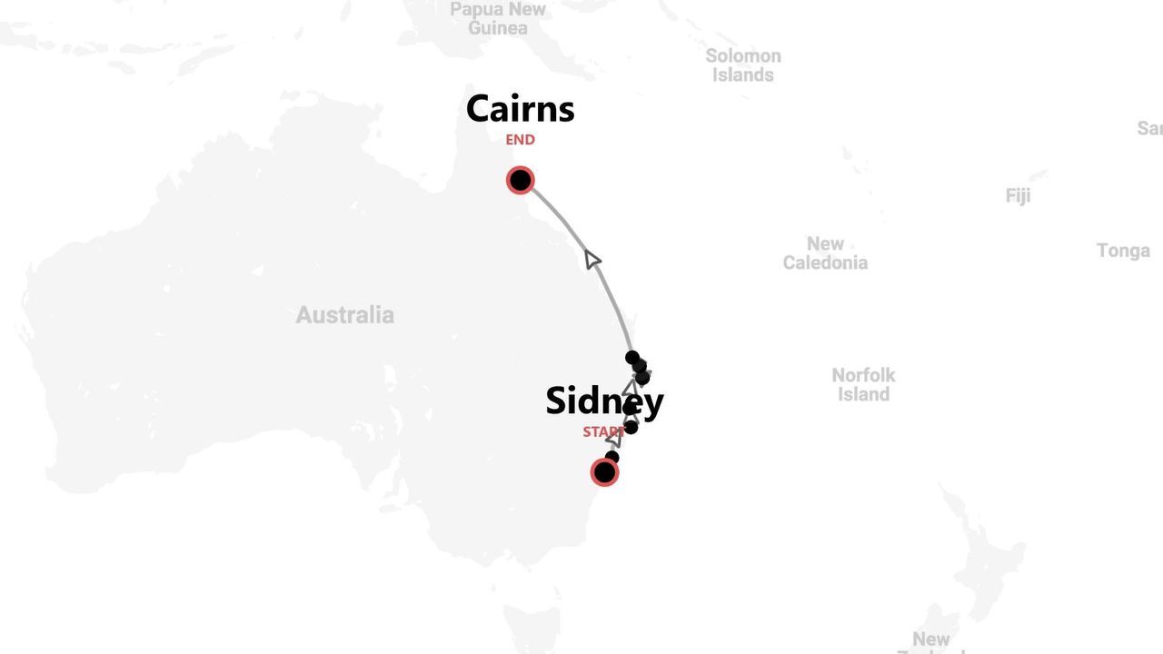 Mapa de Australia con ruta de viaje de Sídney a Cairns.