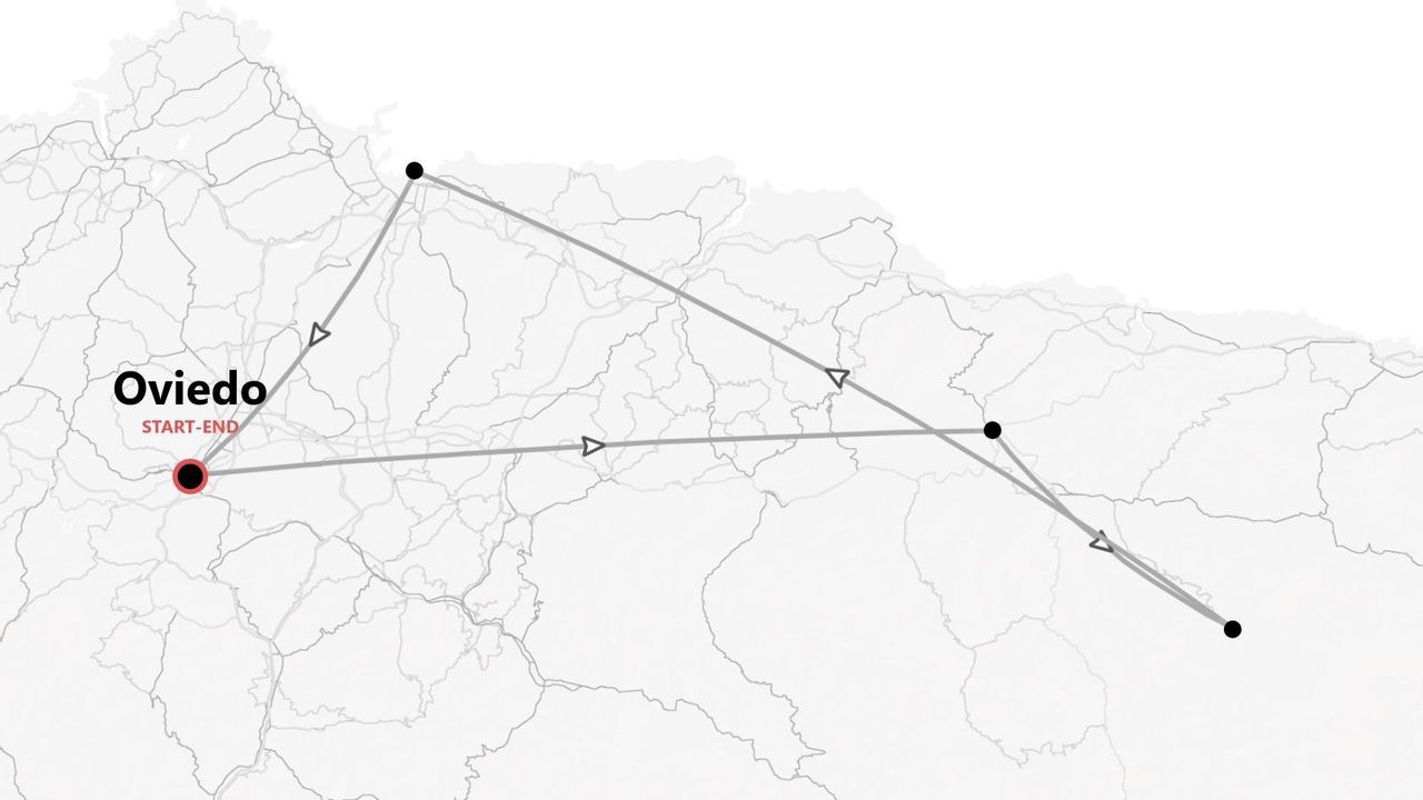 Un mapa estilizado de un itinerario de viaje con varias paradas, comenzando y terminando en Oviedo.