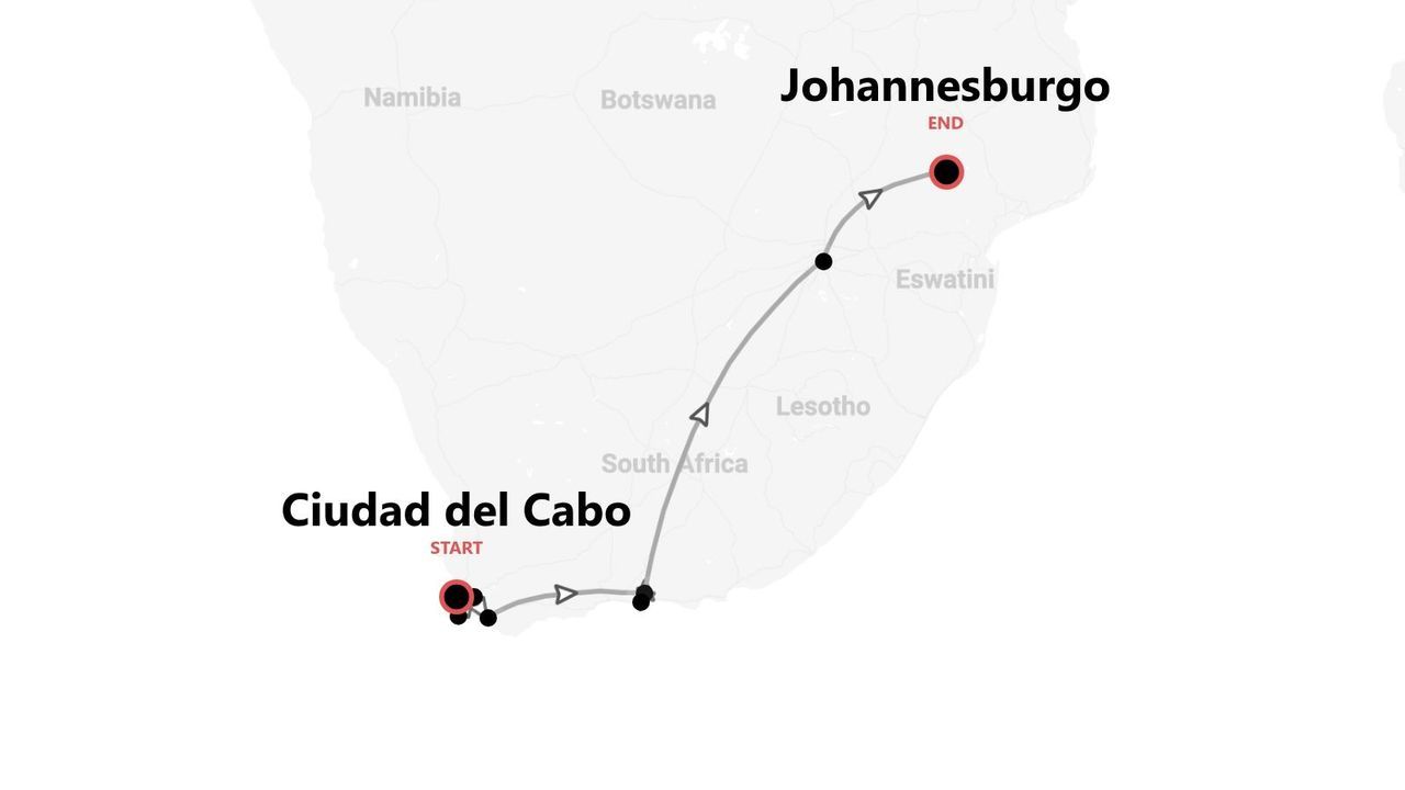 Un mapa que muestra un itinerario de viaje por Sudáfrica, comenzando en Ciudad del Cabo y terminando en Johannesburgo.
