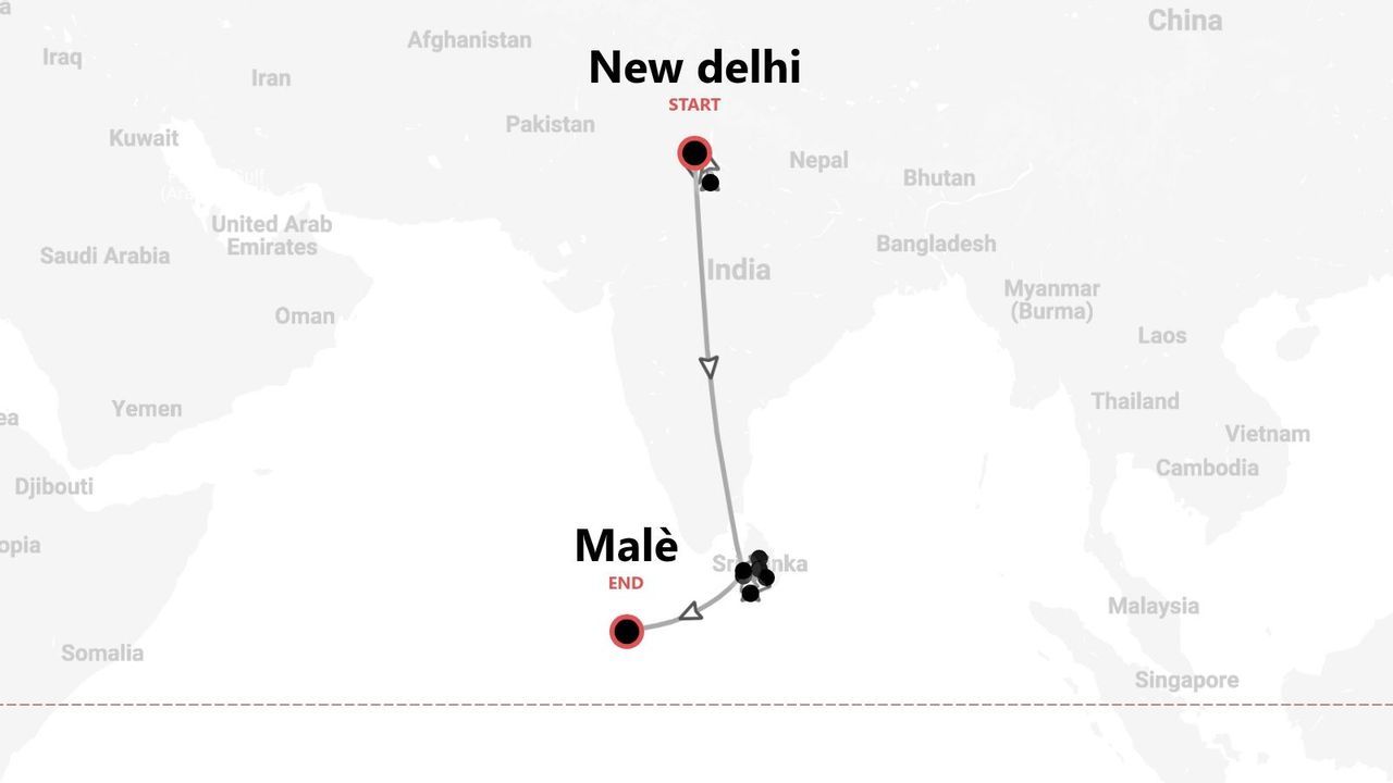Un mapa que muestra una ruta de viaje que comienza en Nueva Delhi, India, pasando por Sri Lanka y terminando en Malé.