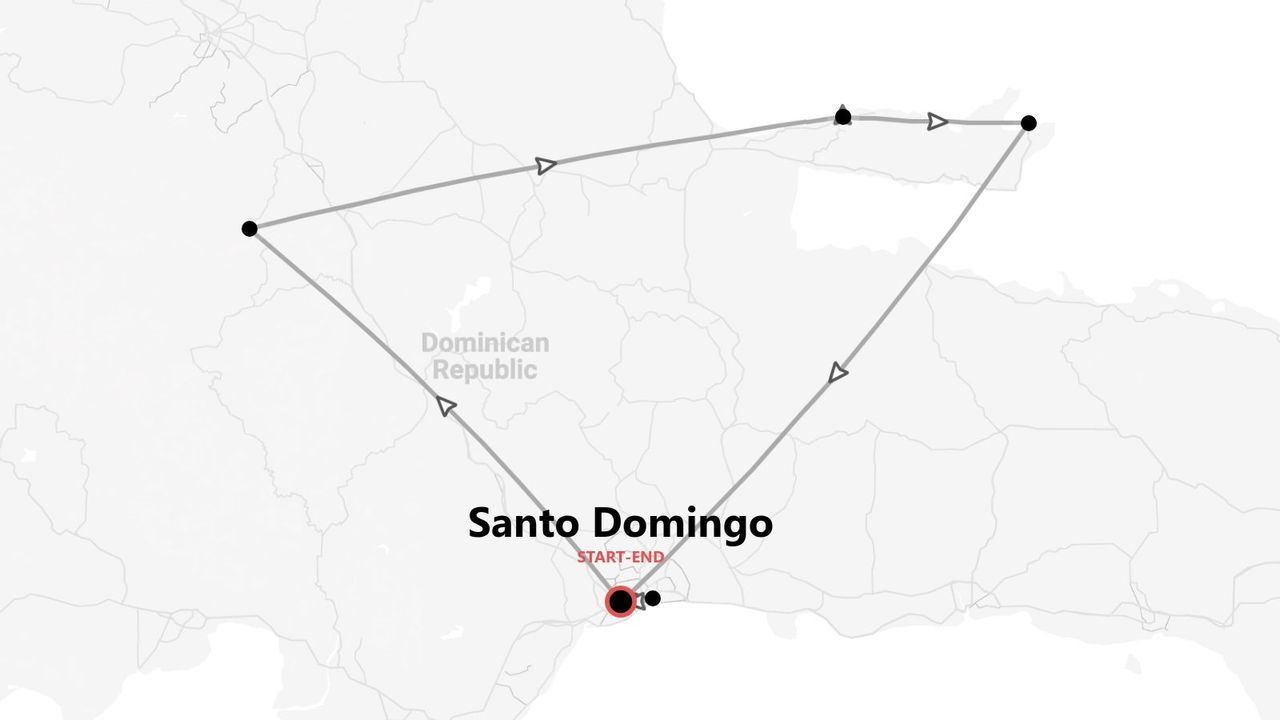 Mapa de itinerario de viaje en República Dominicana, con origen y destino en Santo Domingo.