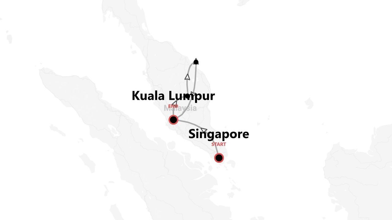 Un mapa que detalla una ruta de viaje desde Singapur hasta Kuala Lumpur, Malasia.