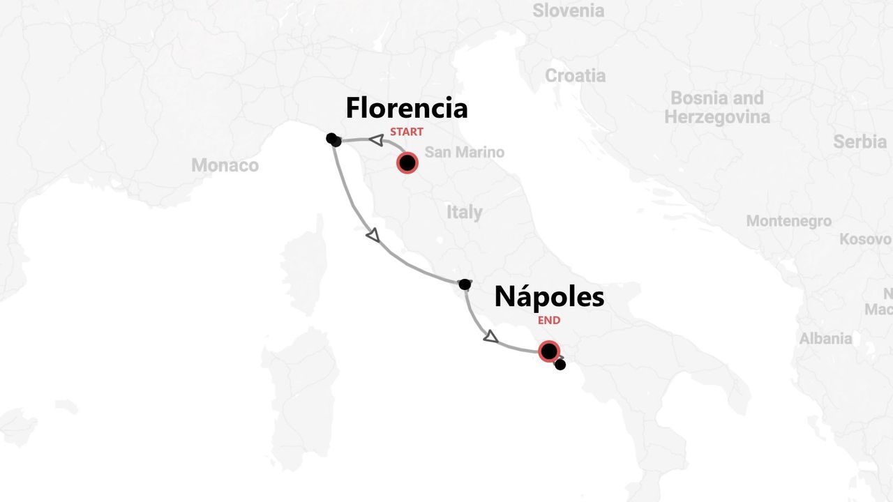 Un mapa de Italia que muestra una ruta de viaje que comienza en Florencia y termina en Nápoles.