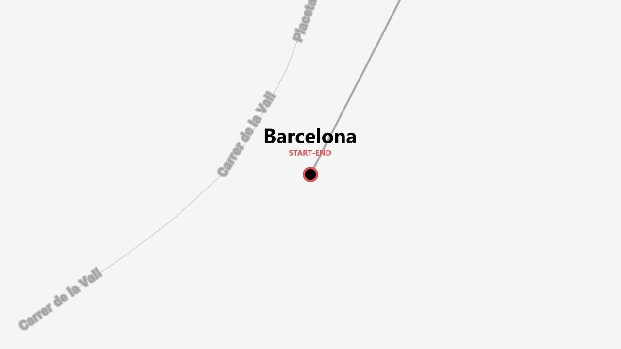 Mapa minimalista de Barcelona, mostrando un punto de inicio y fin en las calles Carrer de la Vall y Placeta.
