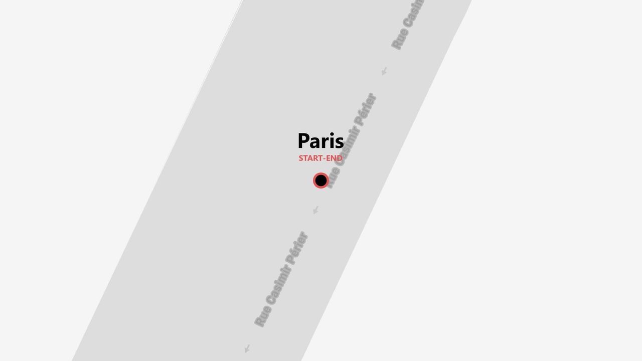 Un mapa de París mostrando un punto de inicio y fin en la Rue Casimir Périer.