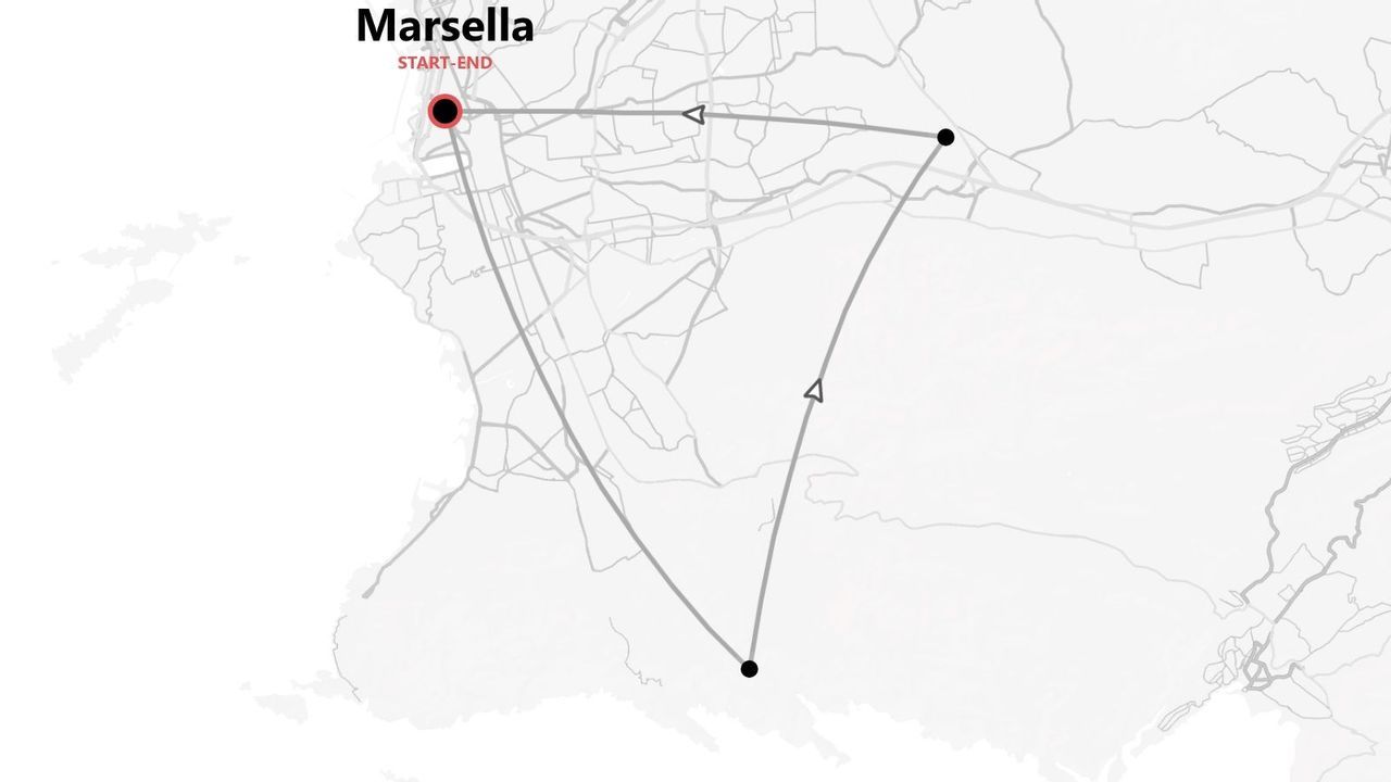 Un mapa estilizado en gris y blanco que muestra un itinerario de viaje con inicio y fin en Marsella, siguiendo una ruta circular.
