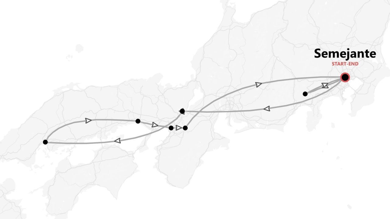 Un mapa de itinerario que muestra una ruta de tour con múltiples paradas, comenzando y terminando en un punto llamado 'Semejante'.