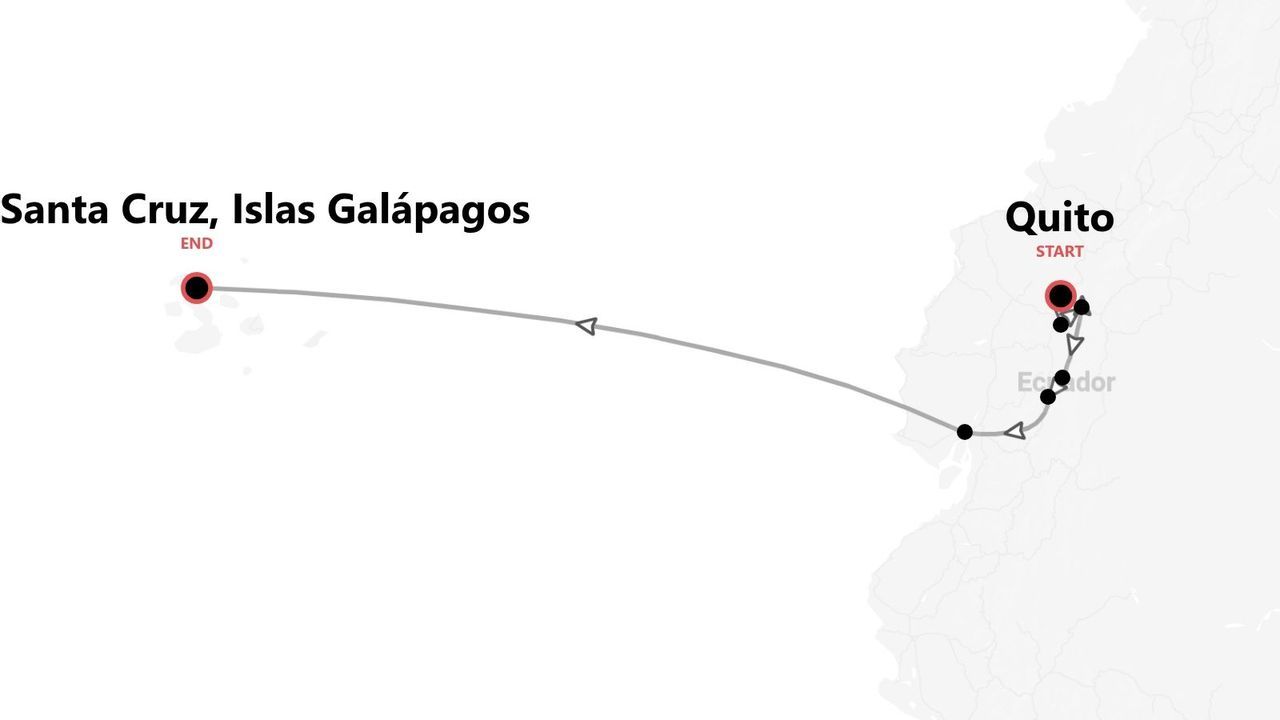 Un mapa que muestra un itinerario de viaje de Quito, Ecuador a Santa Cruz, Islas Galápagos.