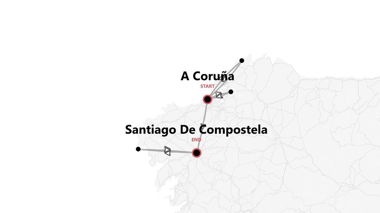 Mapa de un itinerario de viaje de A Coruña a Santiago de Compostela.