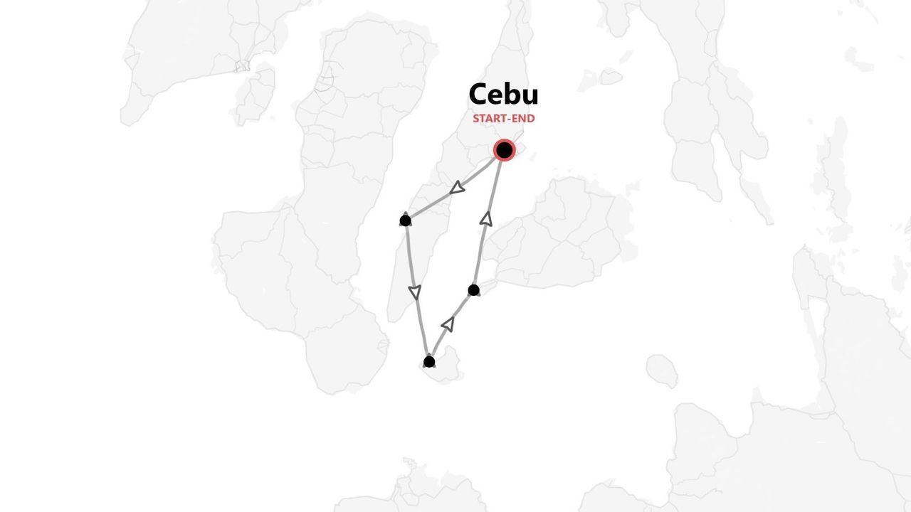 Un mapa que ilustra el itinerario de un viaje en Cebú, mostrando una ruta con varias paradas que comienza y termina en la ciudad de Cebú.