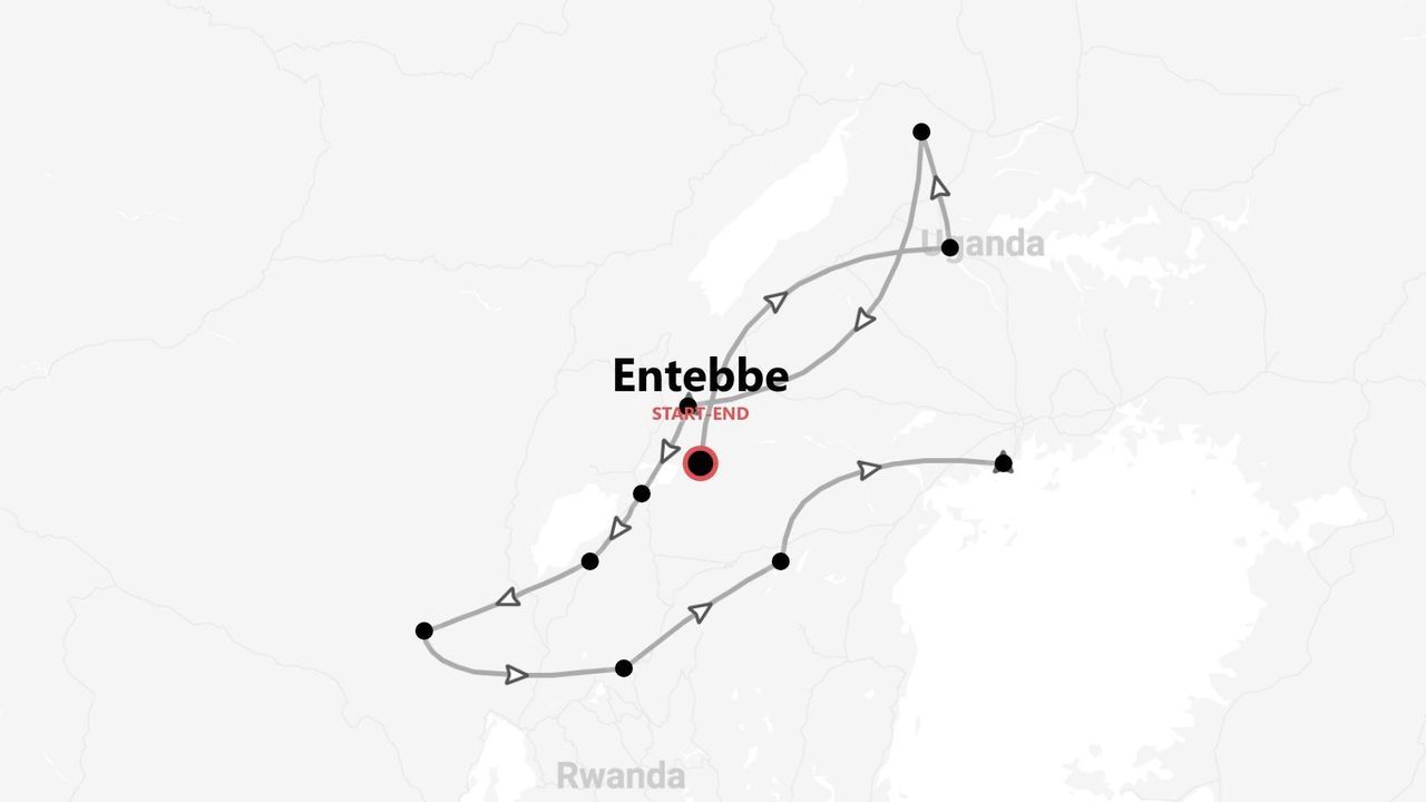 Mapa de itinerario de viaje por Uganda y Ruanda, con inicio y fin en Entebbe.